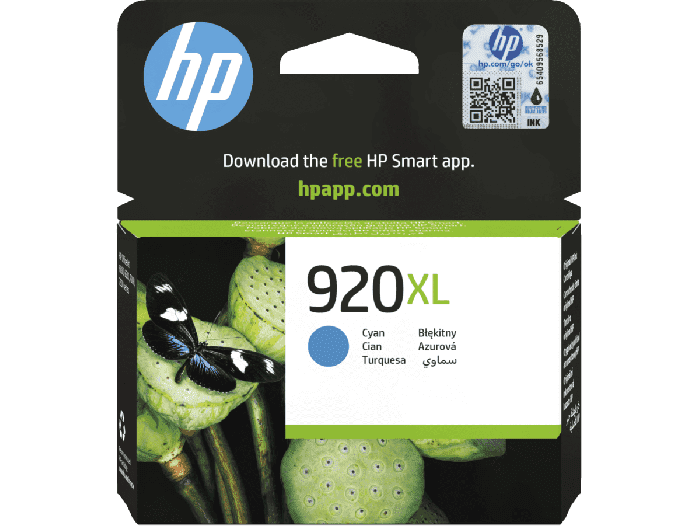 HP 920XL High Yield Cyan Original Ink Cartridge (CD972AE#BGX) - Center facing