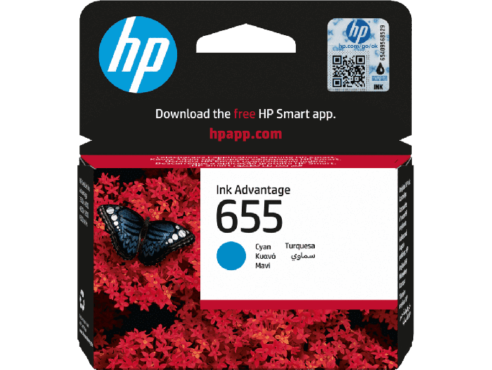 HP 655 Cyan Original Ink Advantage Cartridge (CZ110AE#BHL) - Center facing